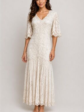 Cache Vintage Evening Gown Beaded Lace Dress Embellished Ivory White Size Medium